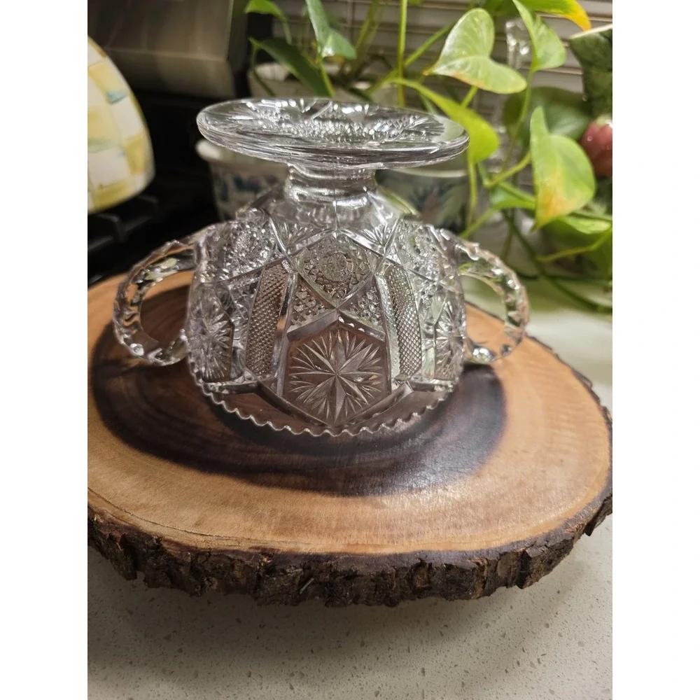 Vintage Pressed Glass‎ Pedestal Candy Dish Bowl Double Handle Cut Star Pattern